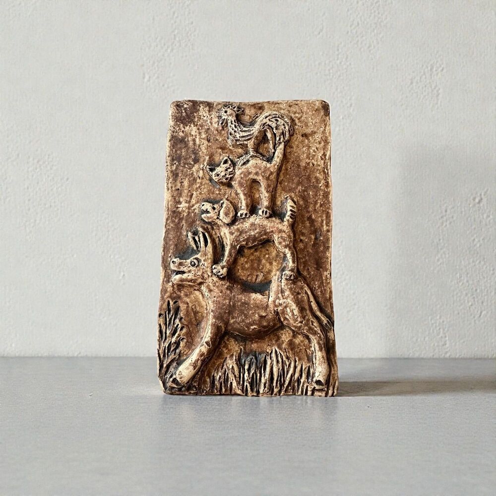 Vintage Pott Luck Ceramic Wall Plaque Town Musicians of Bremen Mid-Century